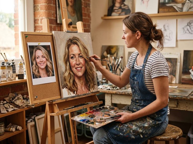 How it works – example of a portrait being hand-painted from a photo in the studio