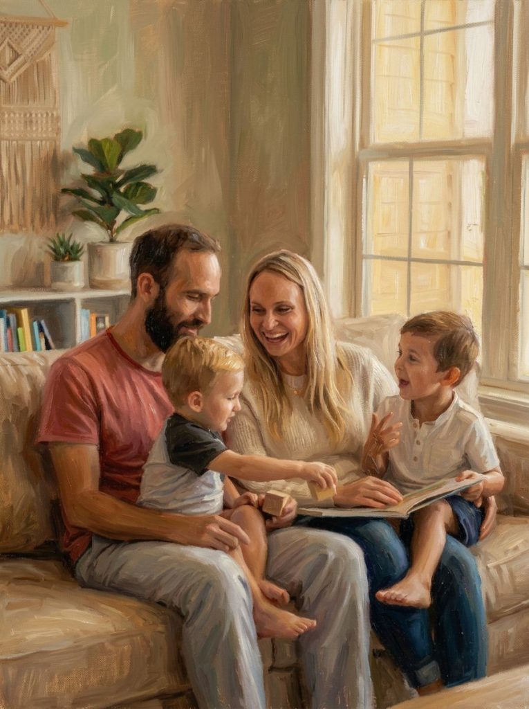 Hand-painted family portrait on canvas made from a photo