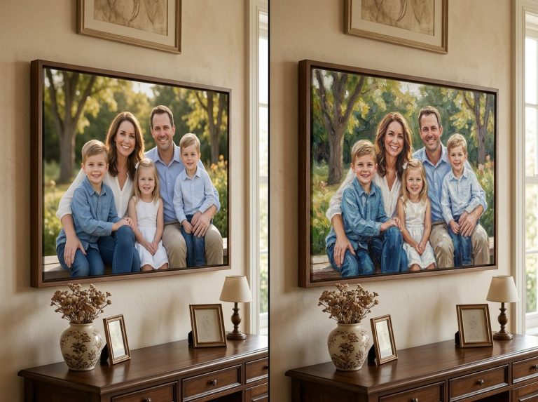 Comparison of a printed photo versus a hand-painted canvas painting