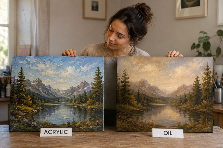 Visual comparison of an acrylic painting and an oil painting.
