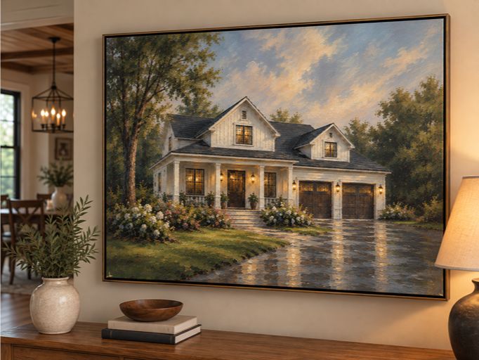 Custom hand-painted house portrait from a photo displayed in a home interior