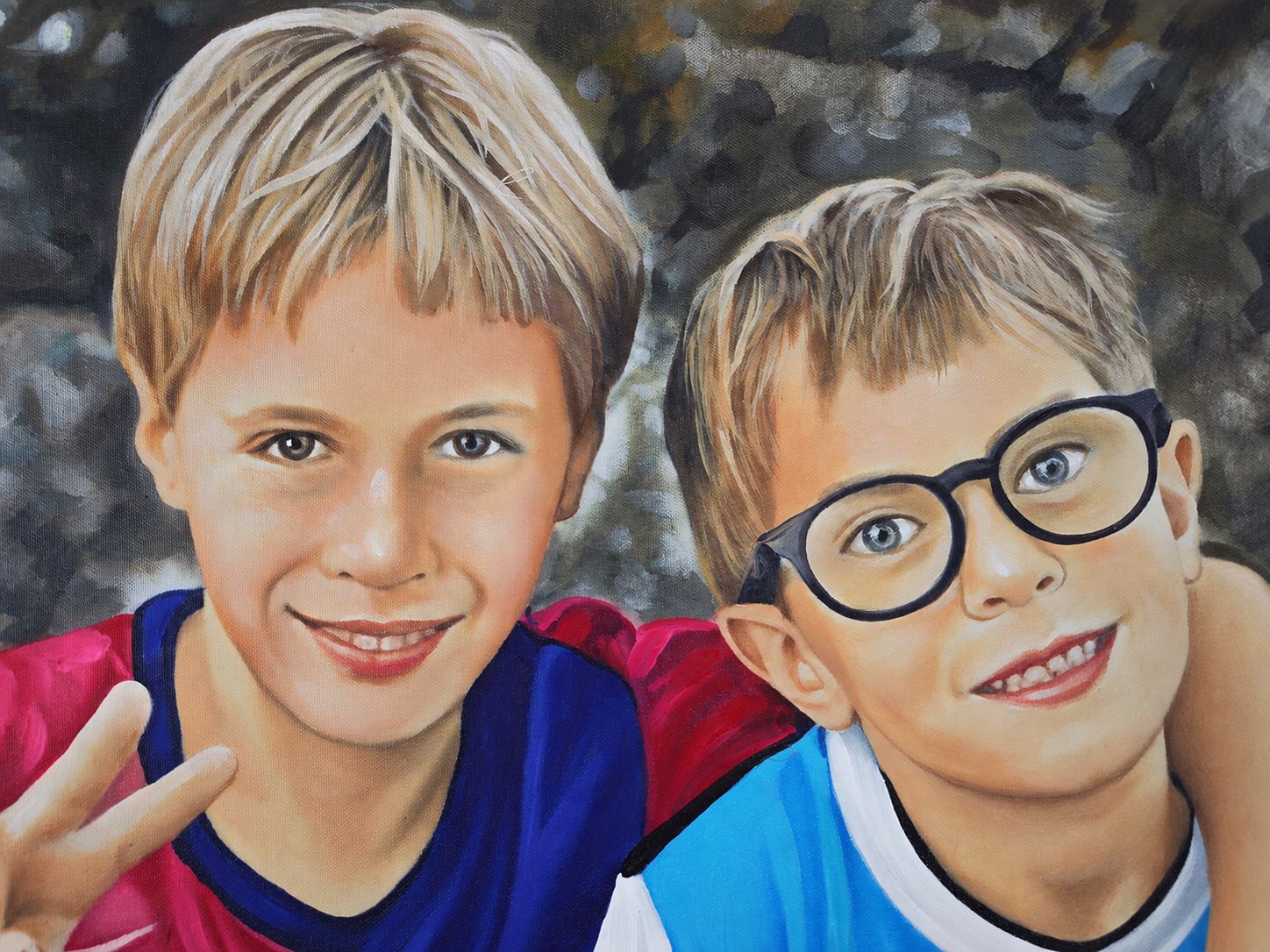Hand-painted portrait of two boys created from their photo