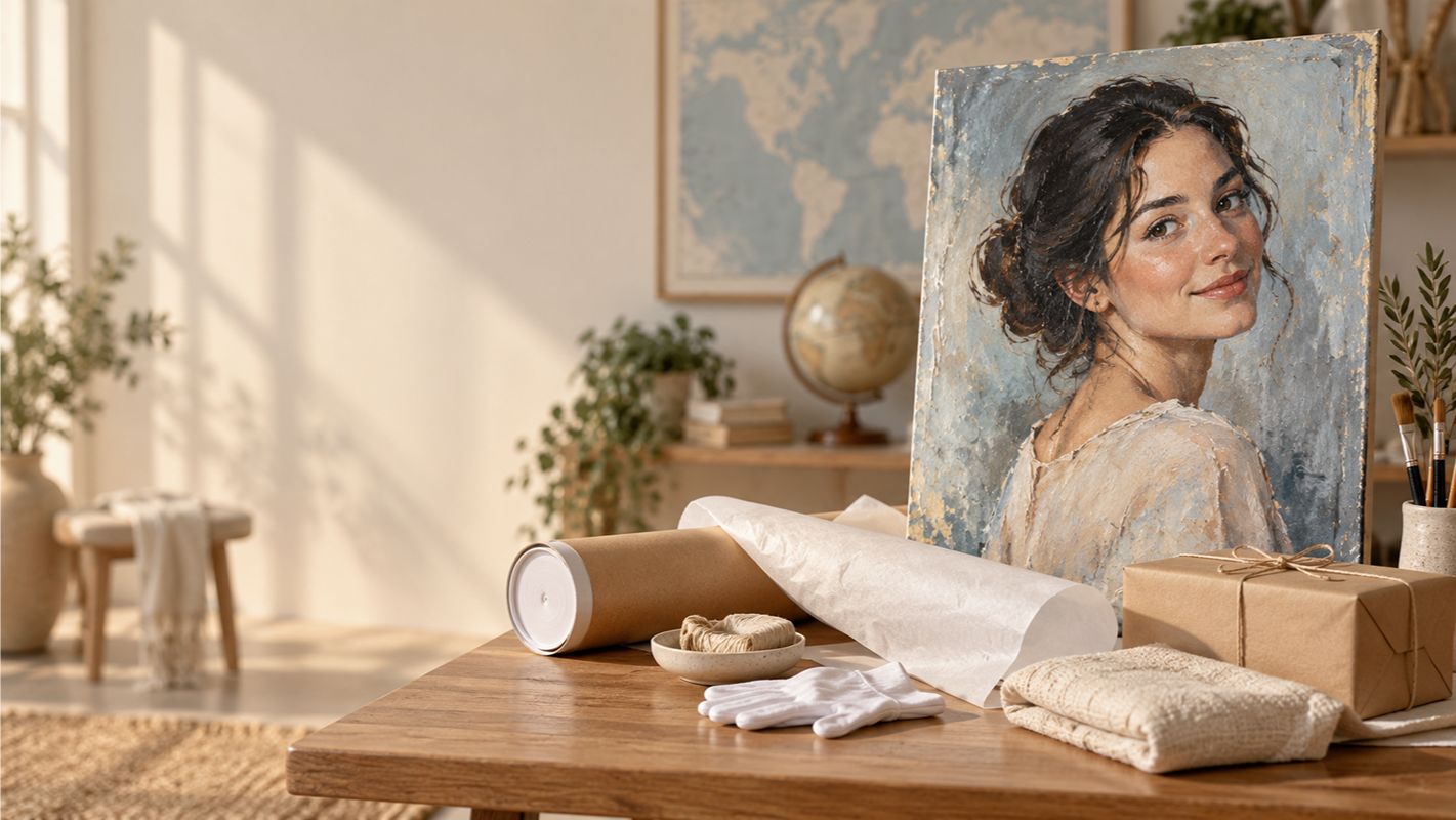 Hand-painted portrait prepared for international shipping