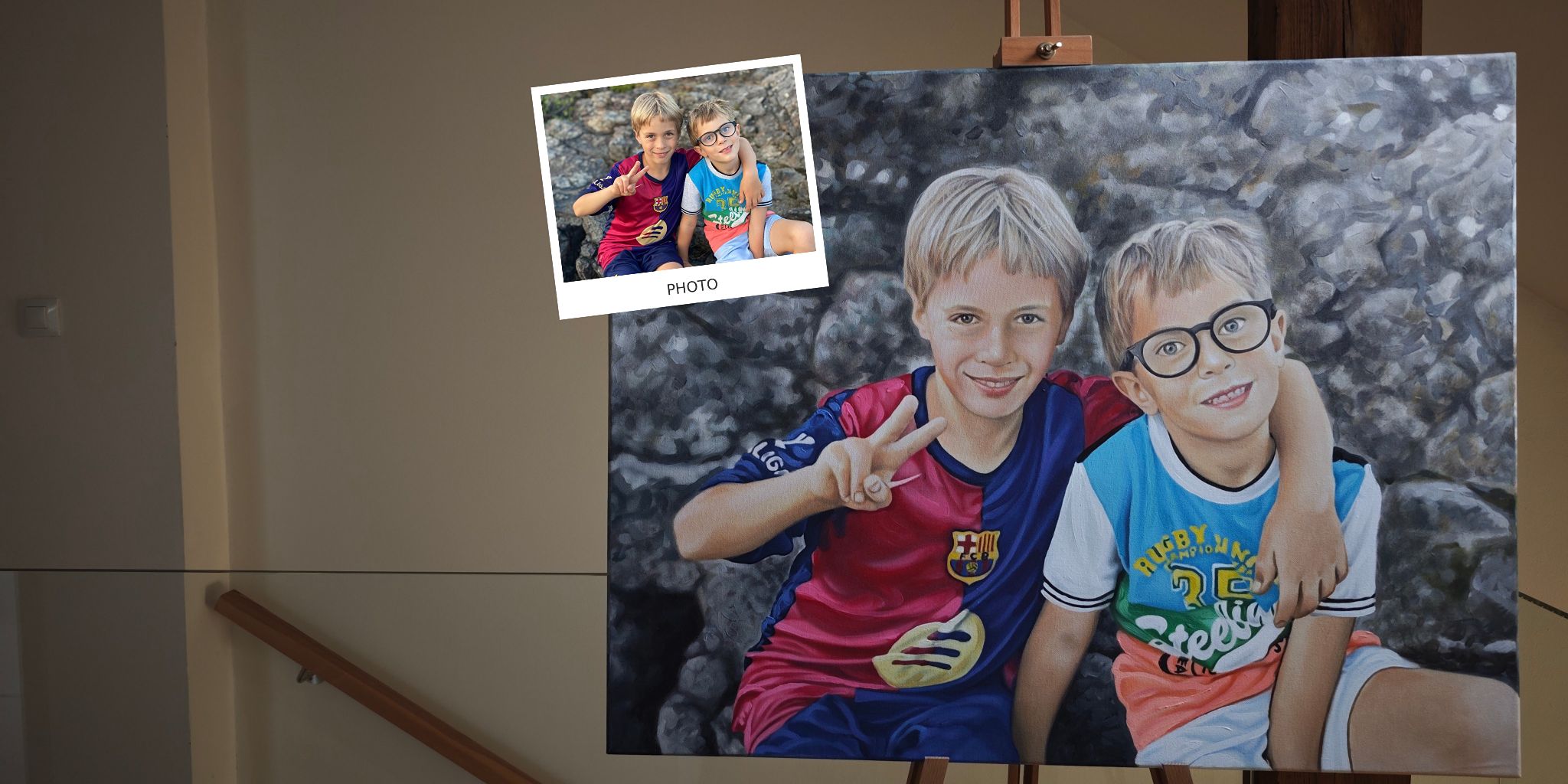 Hand-painted portrait of two boys created from their photo